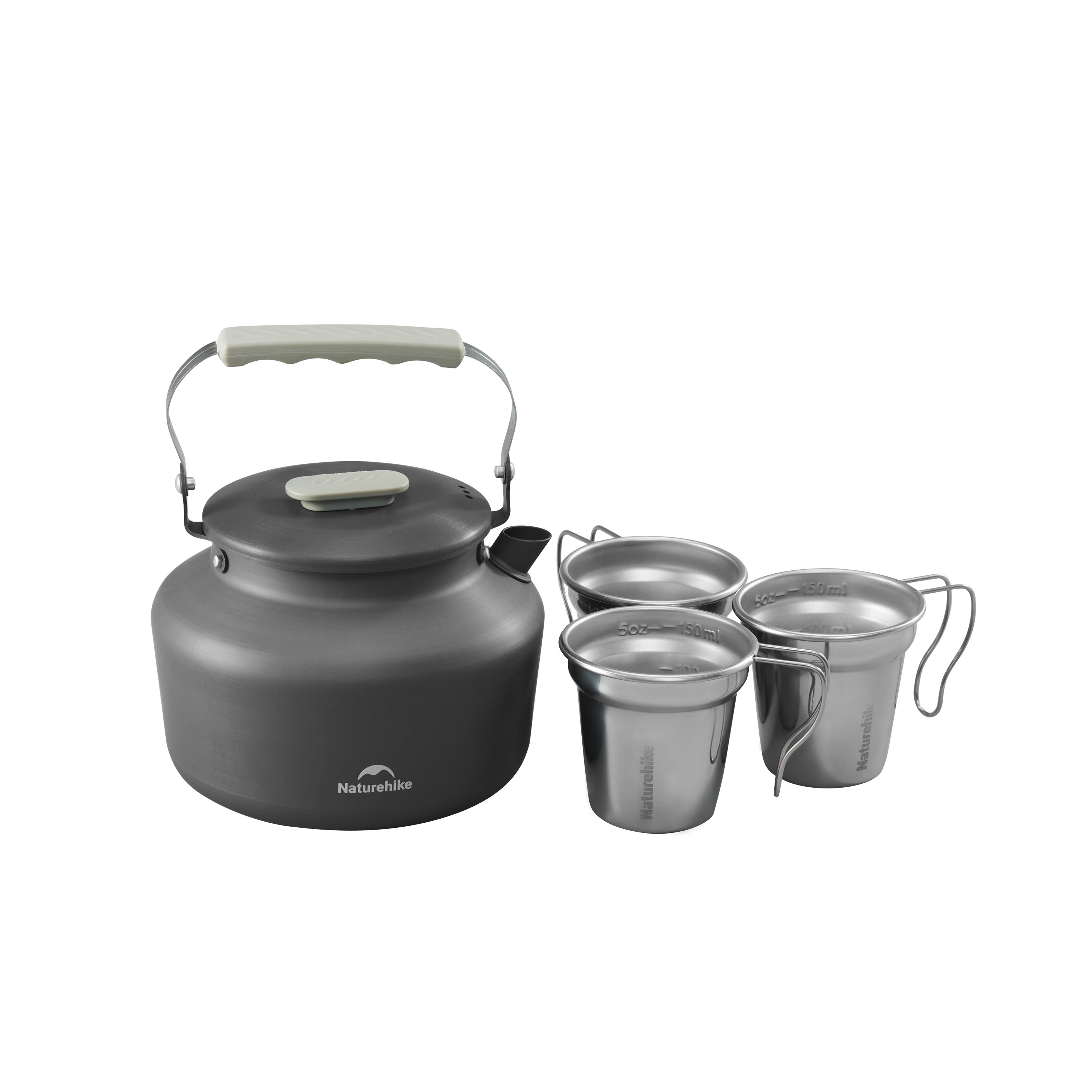 Набор посуды Naturehike туристический, чайник 1,4 л и 3 чашки, алюминий, серый