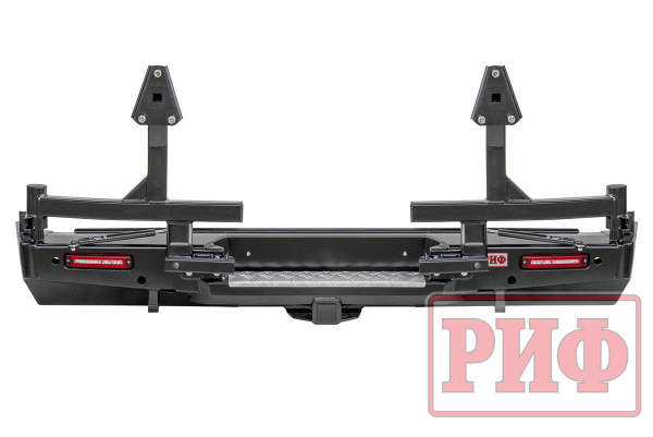 Бампер РИФ силовой задний Toyota Tundra 2007-09.2013 с квадратом под фаркоп, 2-мя калитками, фонарями, подсветкой номера