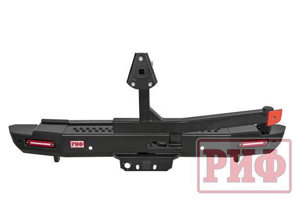 Бампер РИФ силовой задний Toyota Land Cruiser 200 2012-2015 с квадратом под фаркоп, калиткой, фонарями, подсветкой номера, стандарт