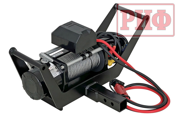 Лебёдка переносная РИФ 12000 c площадкой в квадрат для фаркопа и проводами (в сборе), стальной трос