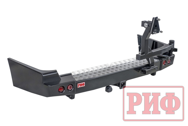 Бампер РИФ силовой задний Toyota Land Cruiser 100 с квадратом под фаркоп, калиткой, фонарями, подсветкой номера