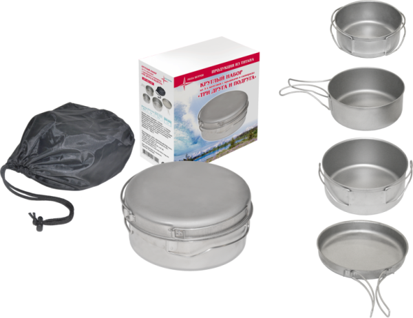 Набор круглых котелков (1,2;1,0;0,6 л) "Три друга и подруга", титан, с раскладными ручками