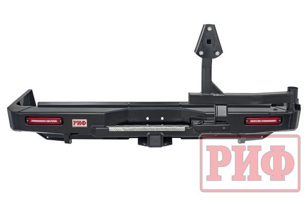 Бампер РИФ силовой задний Toyota Land Cruiser 76 2007+ с квадратом под фаркоп, калиткой и фонарями