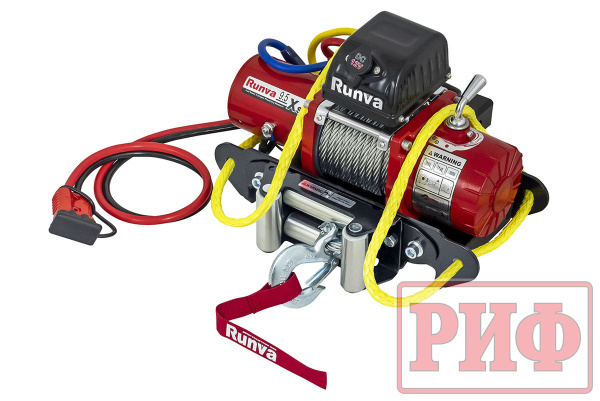 Лебёдка переносная РИФ 9.5XS c квадратом для фаркопа и проводами в сборе, короткий барабан, стальной трос (облегченная)