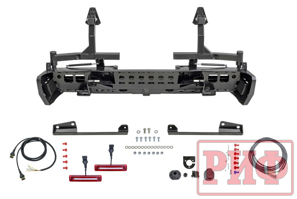 Бампер РИФ силовой задний Toyota Tundra 07-13 с квадратом под фаркоп, 2-мя калитками и фонарями
