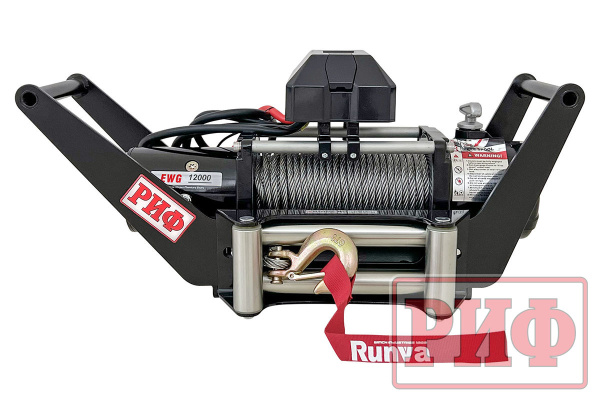 Лебёдка переносная РИФ 12000 c площадкой в квадрат для фаркопа и проводами (в сборе), стальной трос