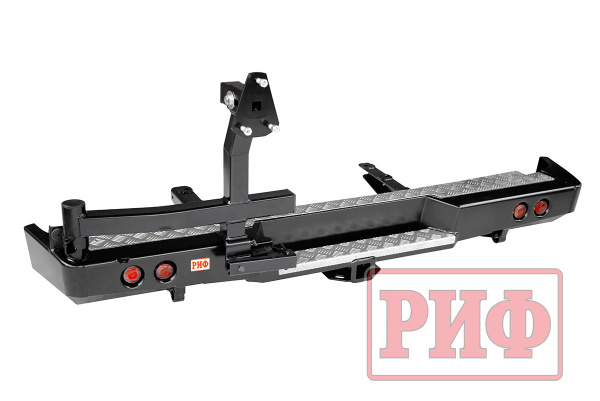 Бампер РИФ силовой задний для ГАЗ Соболь с квадратом под фаркоп, калиткой (слева), фонарями. подсветкой номера, стандарт