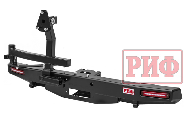 Бампер РИФ силовой задний УАЗ Хантер с площадкой под лебедку, калиткой и фонарями, лифт 65 мм