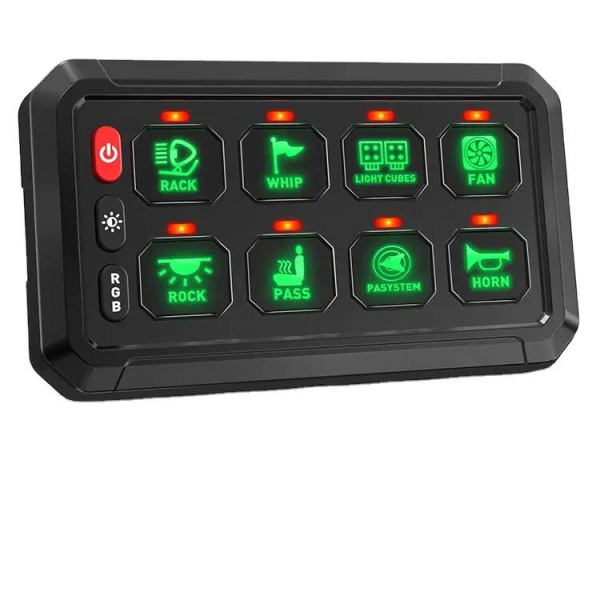 Панель переключателей групповая 8 шт. 12В 600 Вт, 24В 1200 Вт Панель переключателей групповая 8 шт. 12В 600 Вт, 24В 1200 Вт