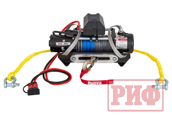 Лебёдка переносная РИФ 9000SR c квадратом для фаркопа и проводами в сборе, синтетический трос (облегченная)