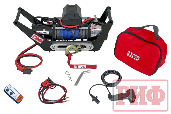 Лебёдка переносная РИФ 9000SR c площадкой в квадрат для фаркопа и проводами (в сборе) синт. трос