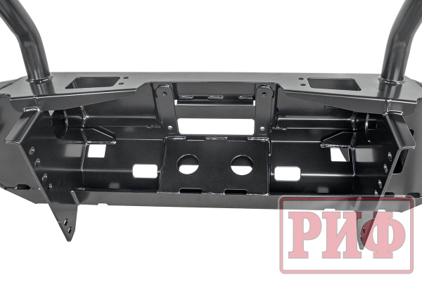 Бампер РИФ силовой передний Mitsubishi Pajero Sport 2015-2020 под доп. фары и парктроники, с защитной дугой и защитой бачка омывателя (фары в комплект не входят)