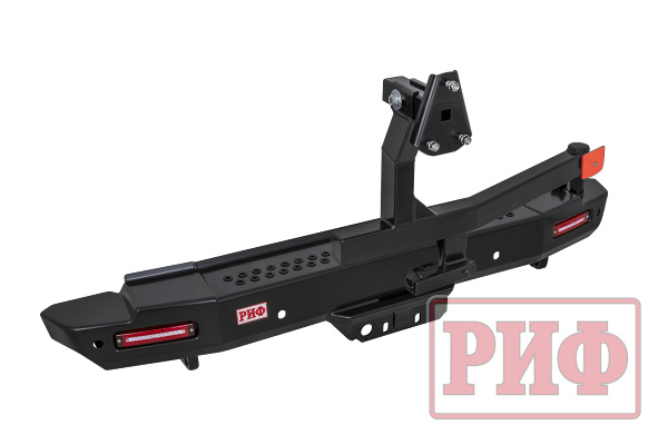 Бампер РИФ силовой задний Toyota Land Cruiser 200 2012-2015 с квадр. под фаркоп, калиткой и фонарями