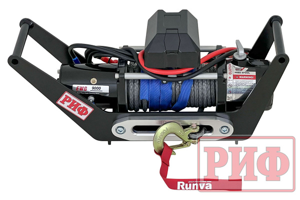 Лебёдка переносная РИФ 9000SR c площадкой в квадрат для фаркопа и проводами (в сборе) синт. трос